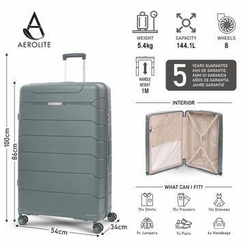 Aerolite 32” XL 144L Polypropylene (PP) Checked Luggage – Lightweight Extra Large Hard Shell Suitcase with 4 dual Spinner Wheels, TSA Lock & Waterproof Pocket – Green